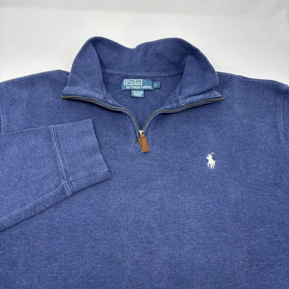 Polo Ralph Lauren Large Blue 1/4 Zip Cotton Pullover Long Sleeve Sweater